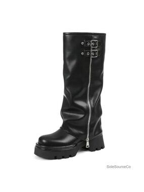Platform Knee High Fold Over Boots Women Faux Leather Gothic Motorcycle